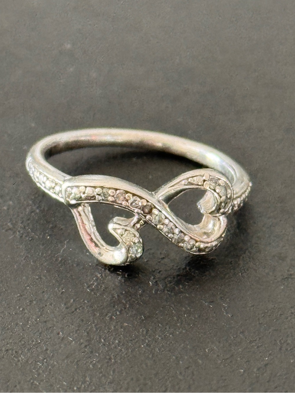 925 Sterling Silver Infinity Double Heart Clear Stone Ring Size 7/7.5